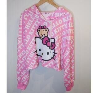 Hello Kitty Pink Cropped Hoodie Oversized M/L Kawaii Y2K Teddy Bear Logo